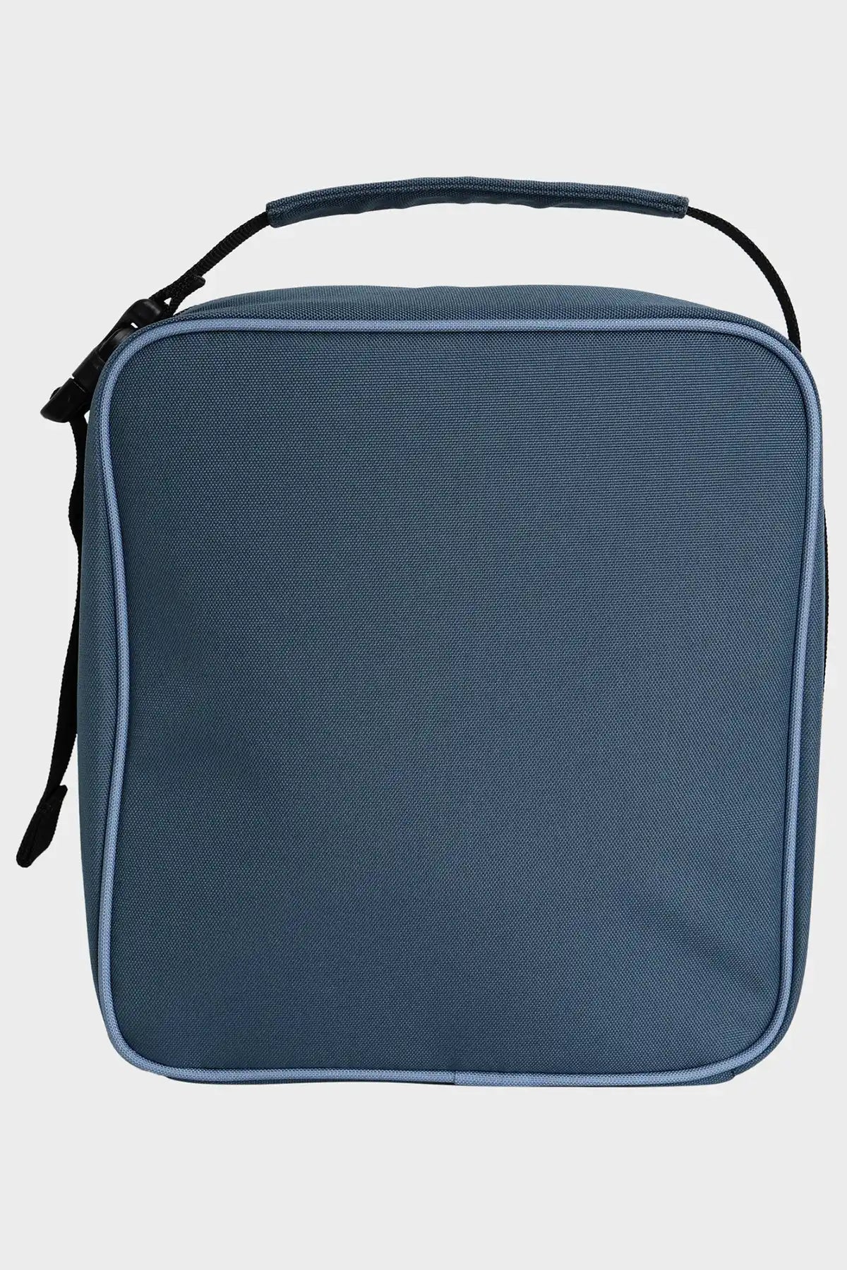 Blue rectangular Billabong lunchbox with a black strap on a light gray background