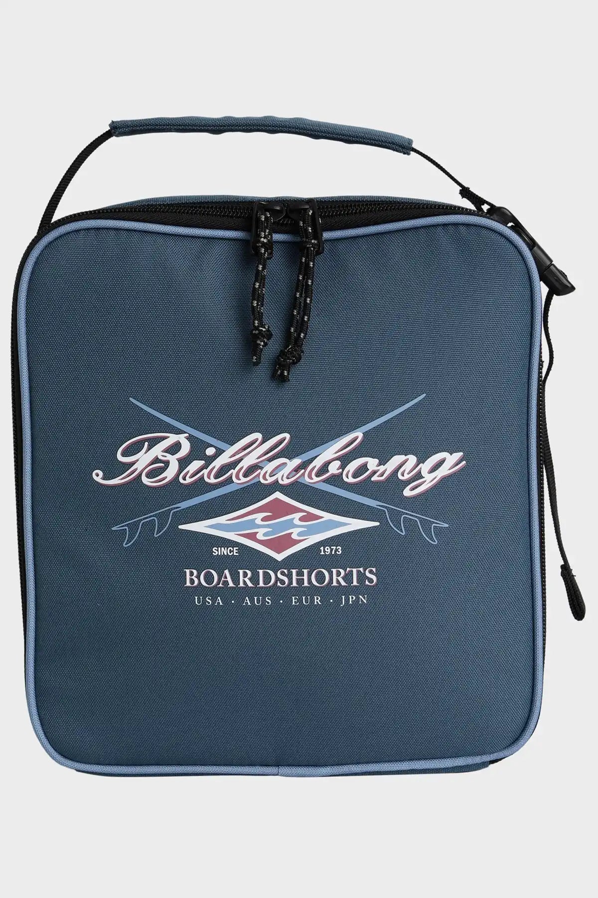 Navy blue lunchbox with Billabong logo on a white background