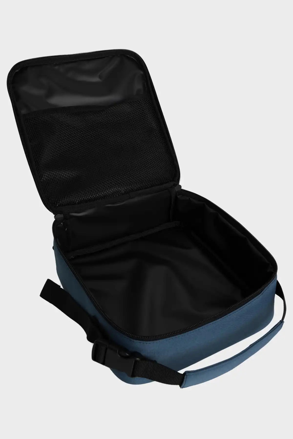 Blue and Black Billabong lunchbox with open lid on a light gray background