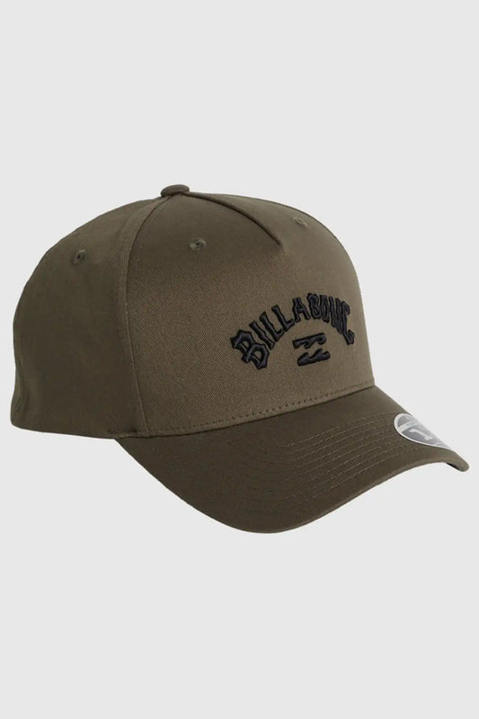 Billabong Mens Arch Flexfit 110 Snapback Cap in Dark Military with Billabong logo on a light gray background