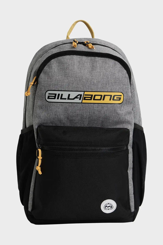 Gray and black backpack with Billabong logo on a white background