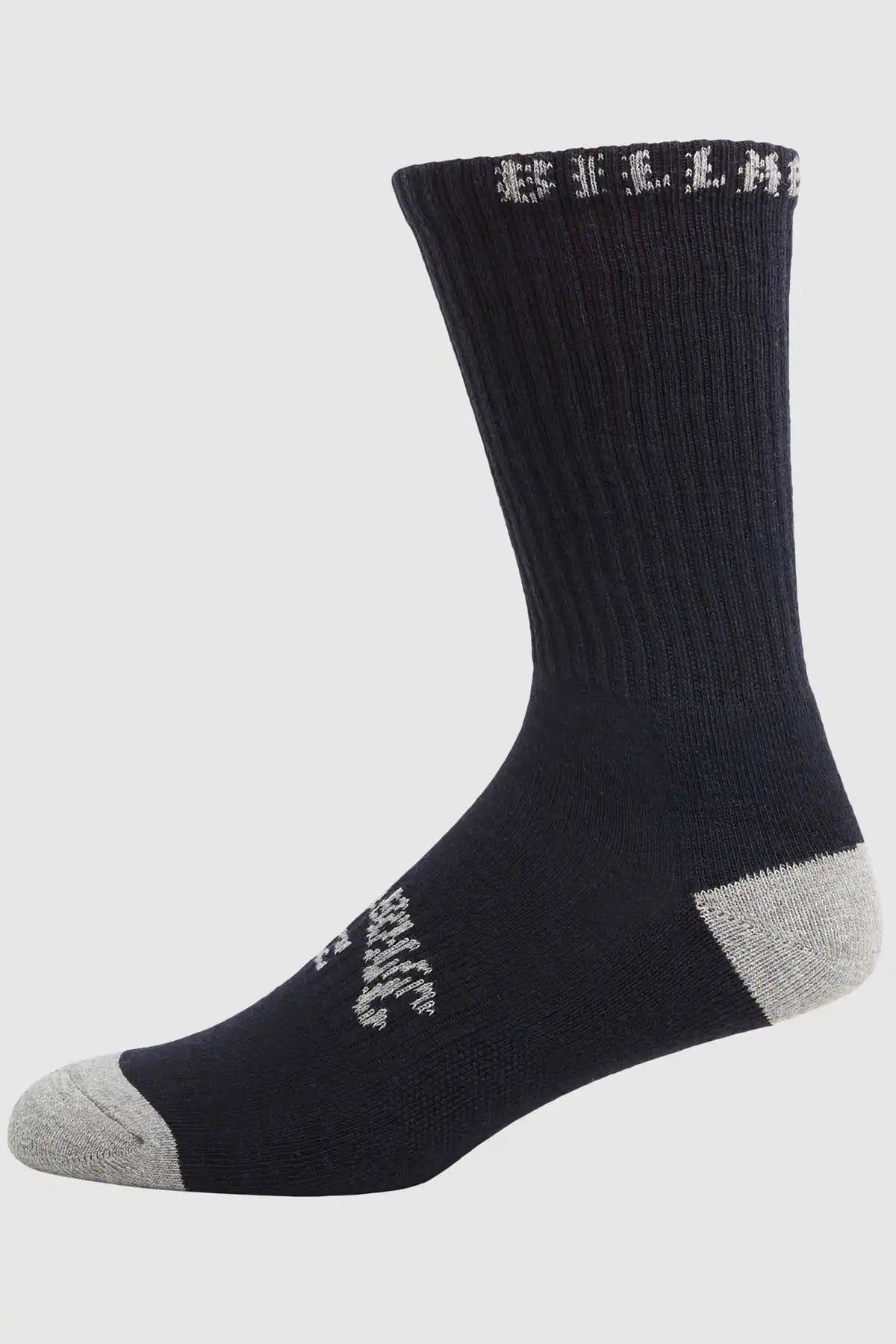 Black Billabong sock with gray toes and cuffs on a white background