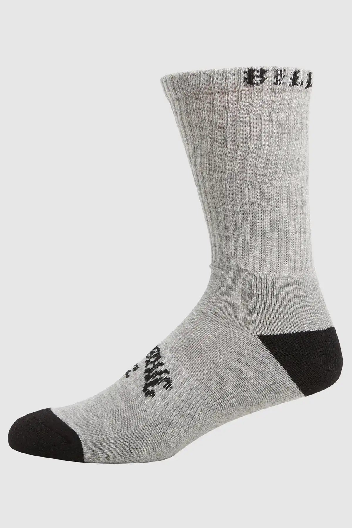 Gray Billabong sock with black accents on a white background