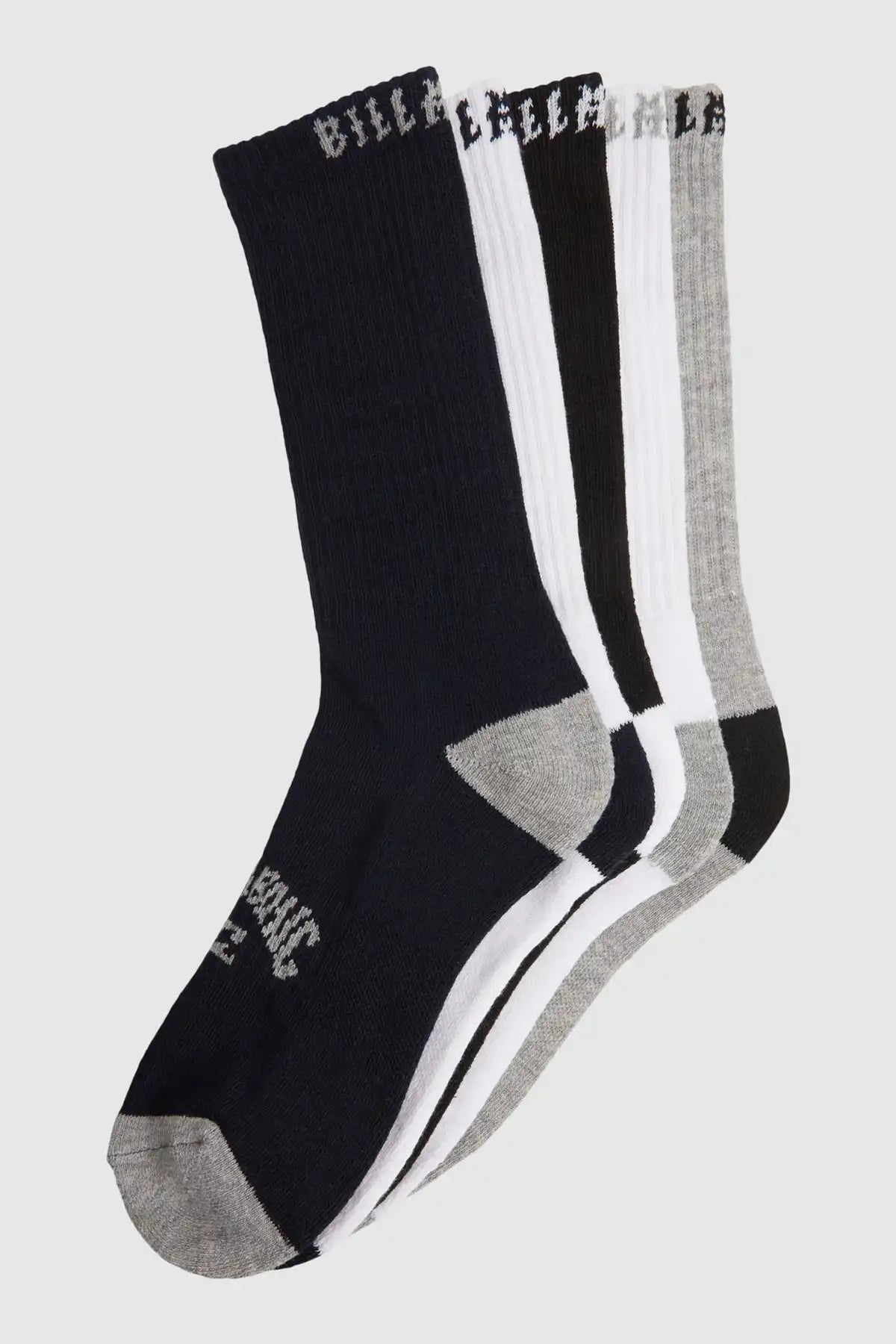 Set of black, white, and gray socks with visible Billabong branding on a light gray background