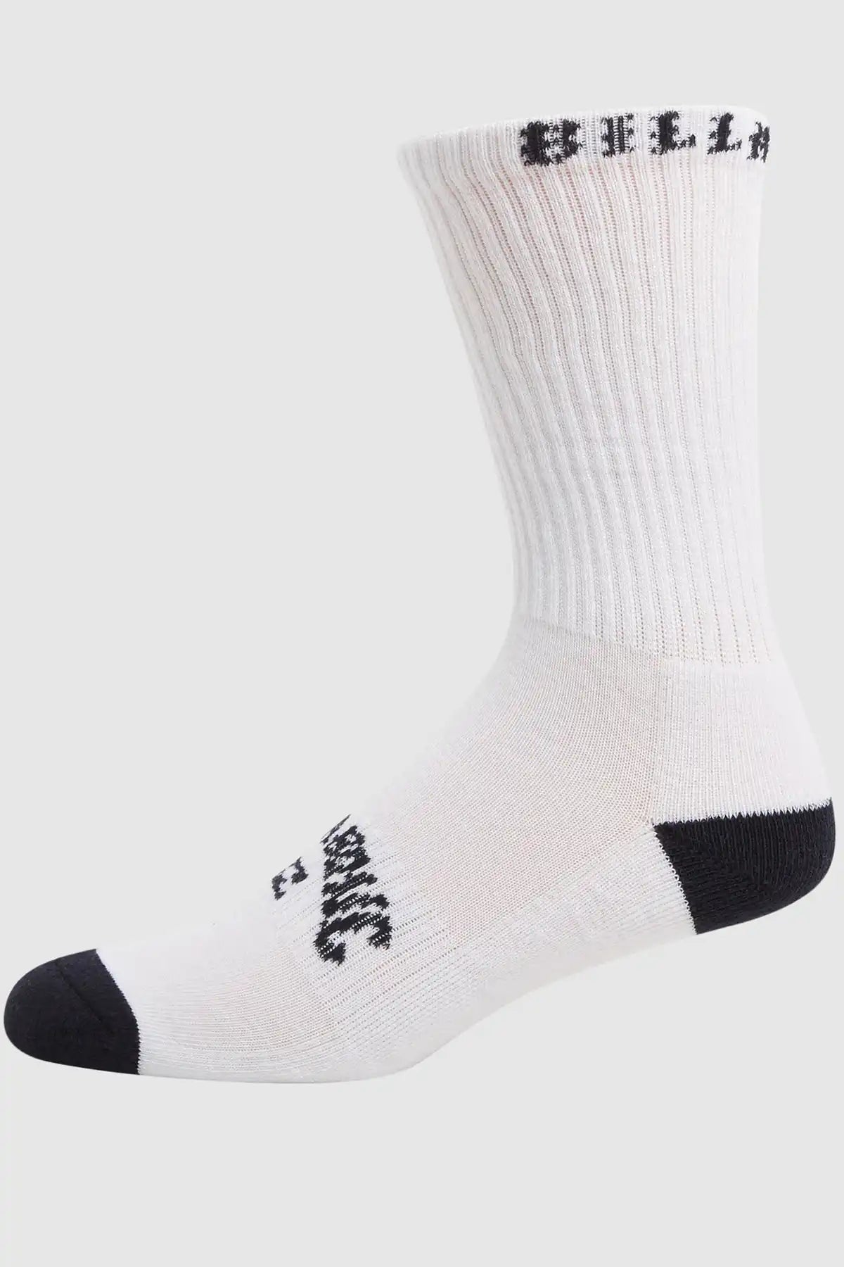 White Billabong socks with black accents and branding on a white background