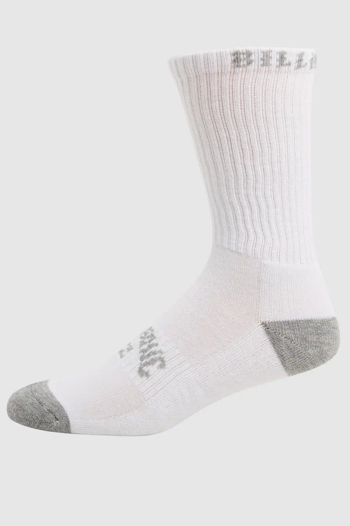 White Billabong sock with gray accents on a white background