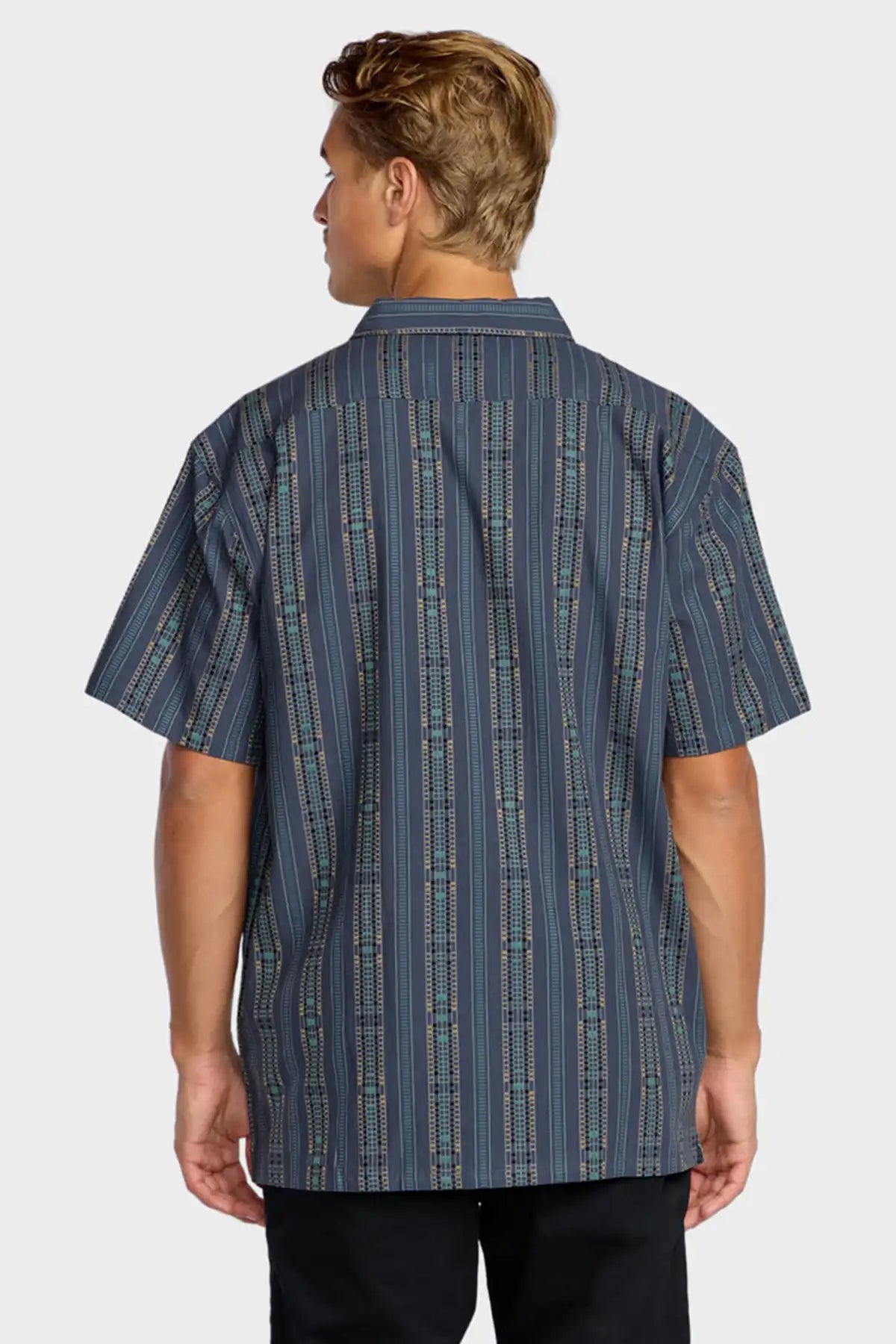 Man wearing a Billabong Mens Sundays Jacquard Shirt in Dark Navy on a white background back view