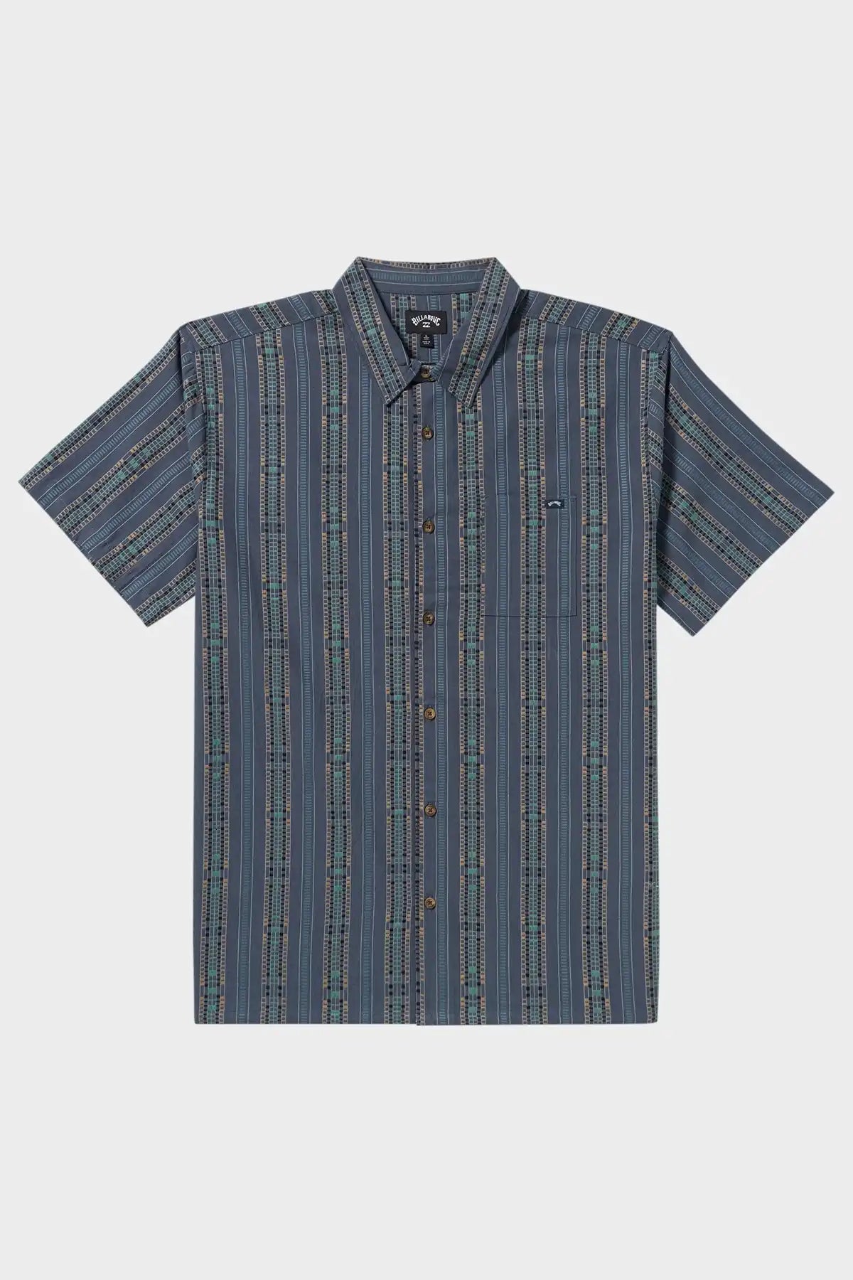 Blue patterned short-sleeve Billabong shirt on a white background