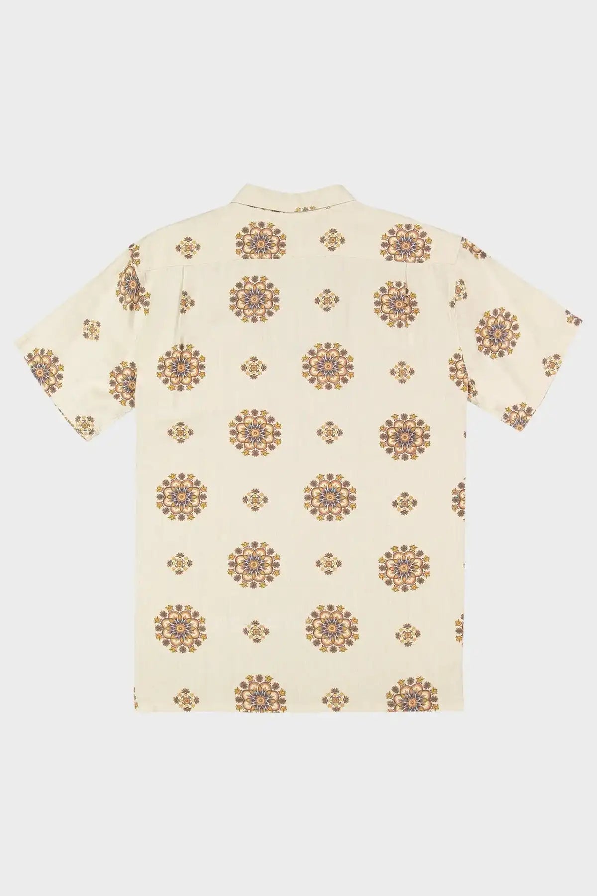 Beige Billabong shirt with brown floral patterns on a white background