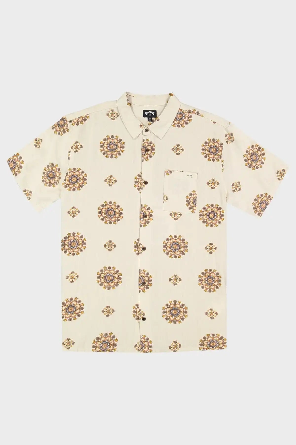 Beige shirt with brown floral pattern on a white background