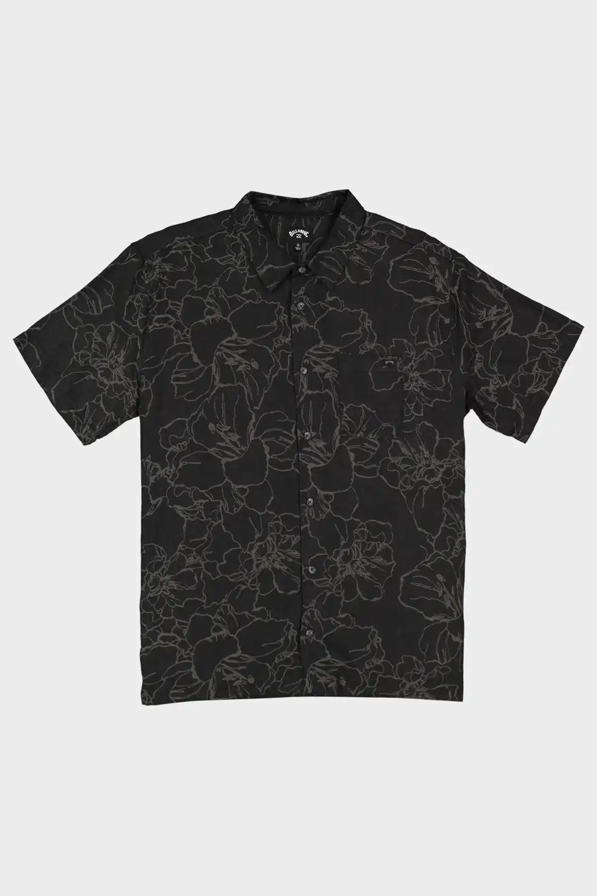 Black Billabong patterned polo shirt on a light gray background