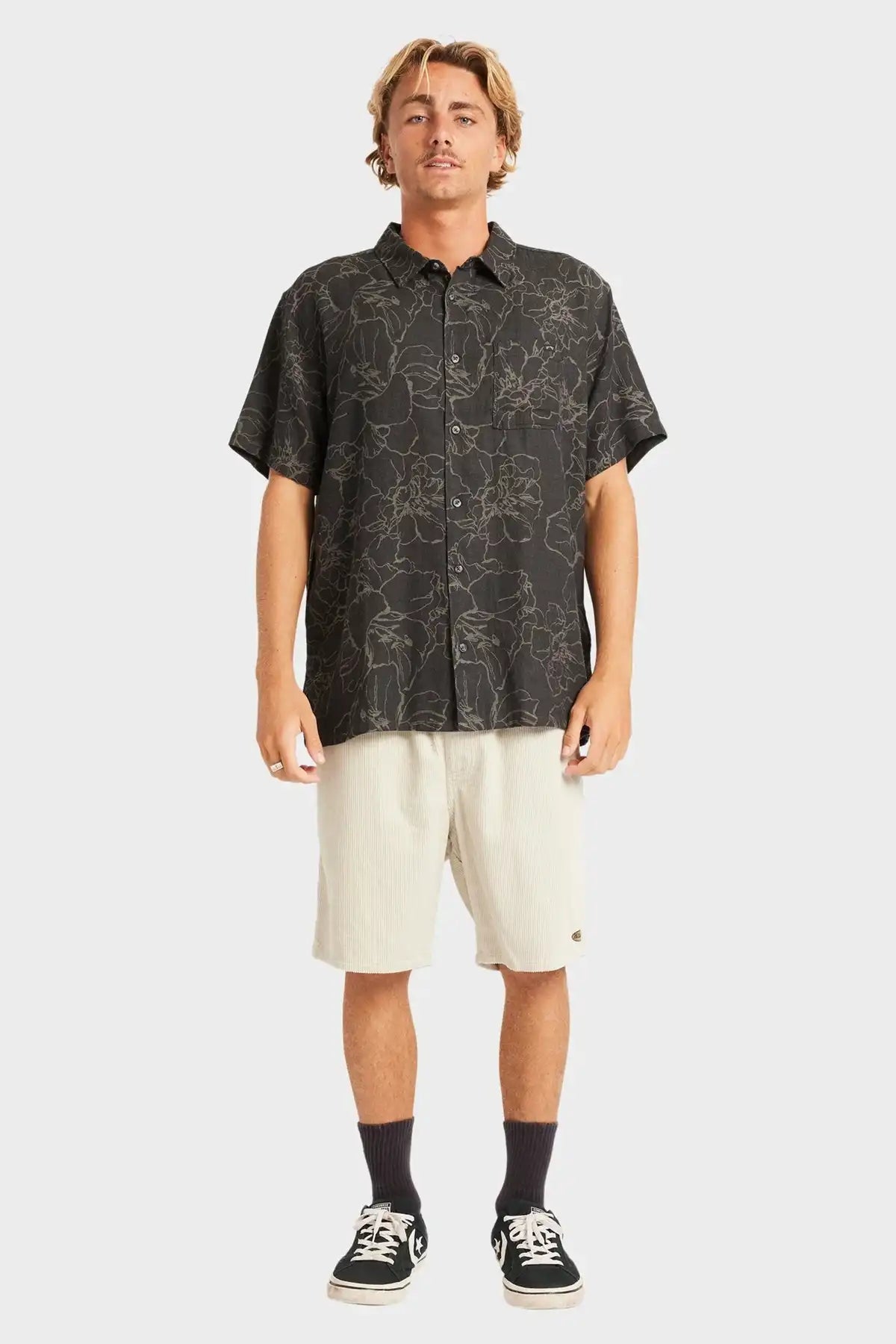 Person wearing a Billabong black patterned shirt and white shorts on a white background