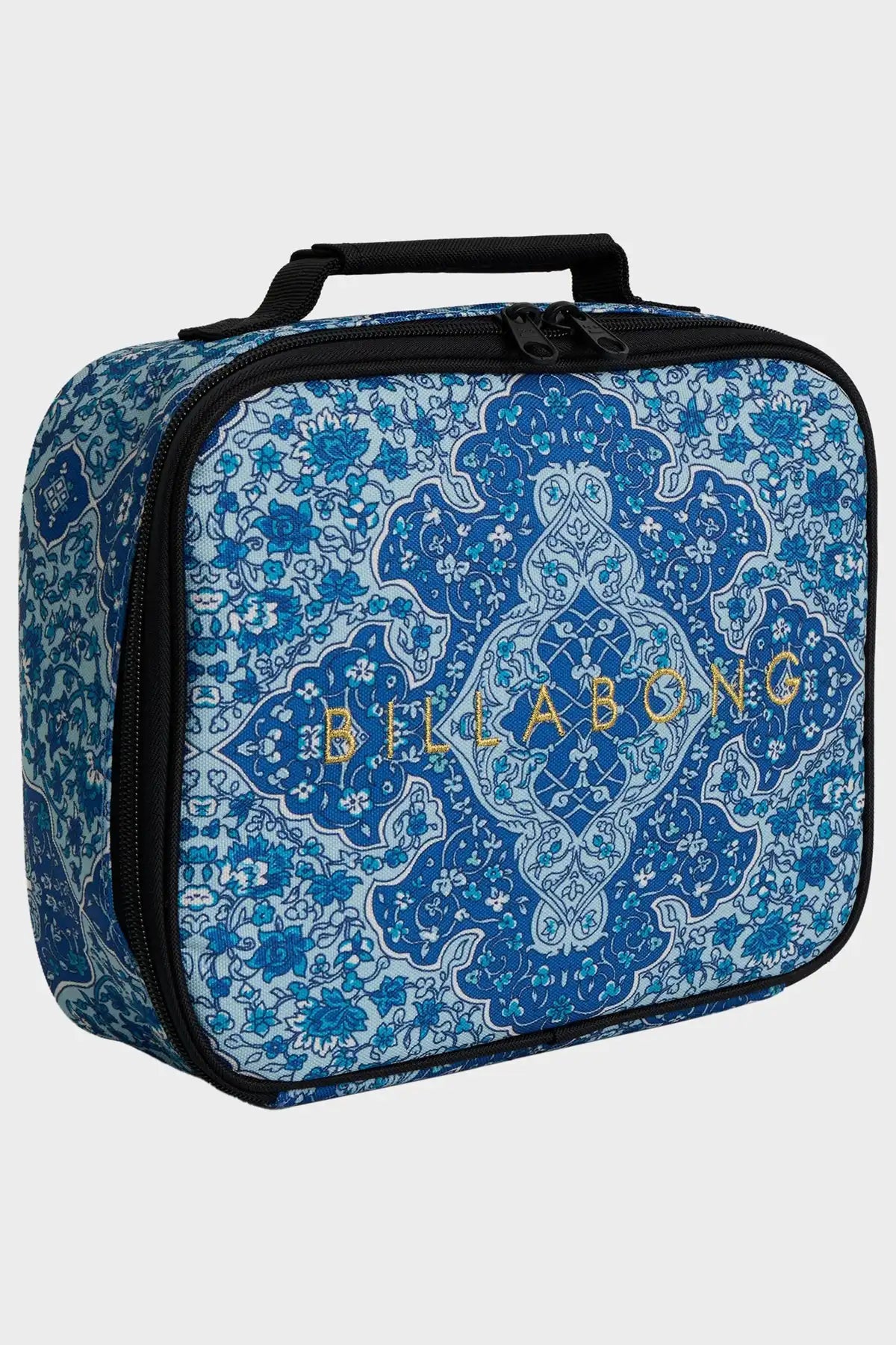Blue patterned Billabong lunch bag on a white background