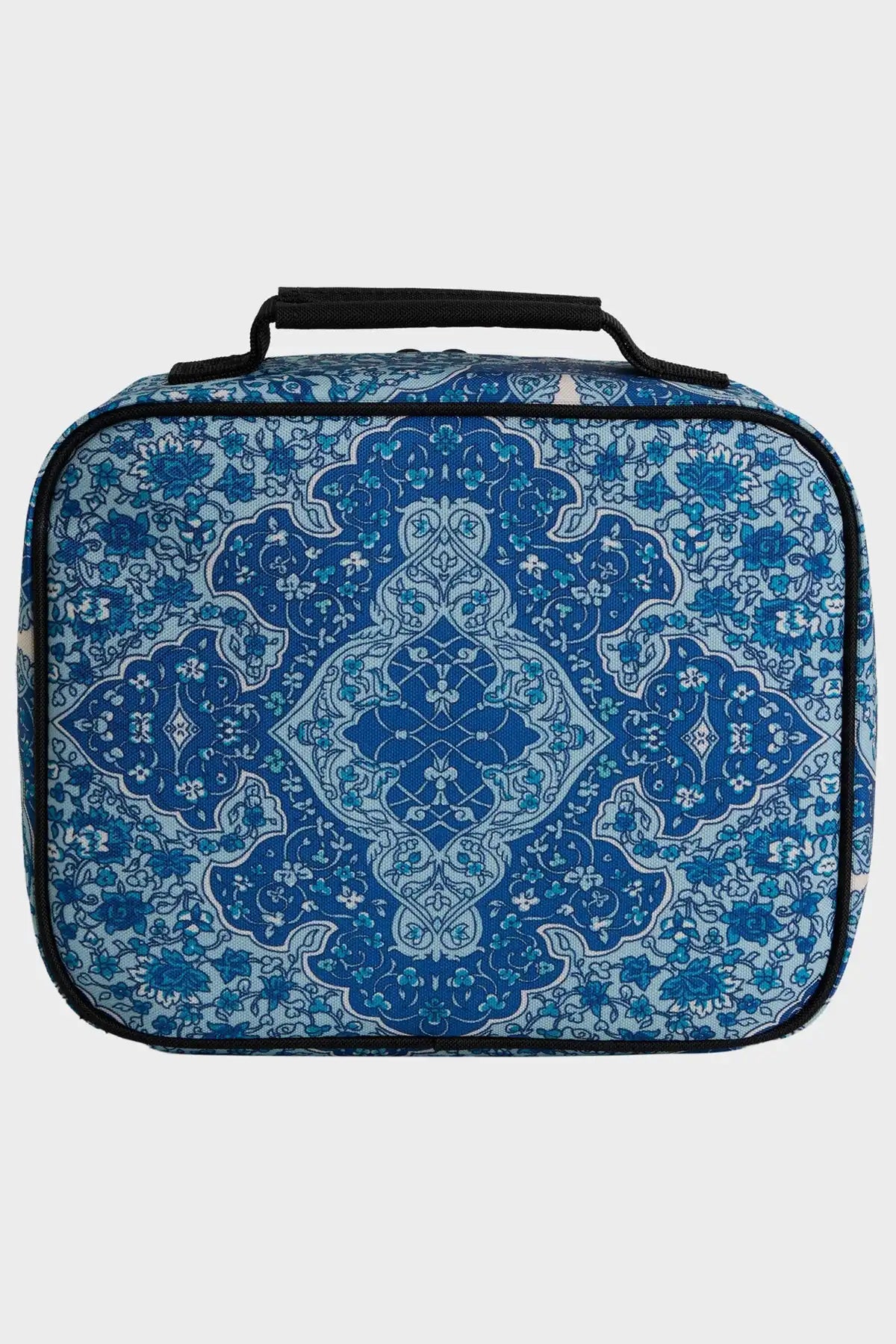 Blue patterned lunch box on a white background
