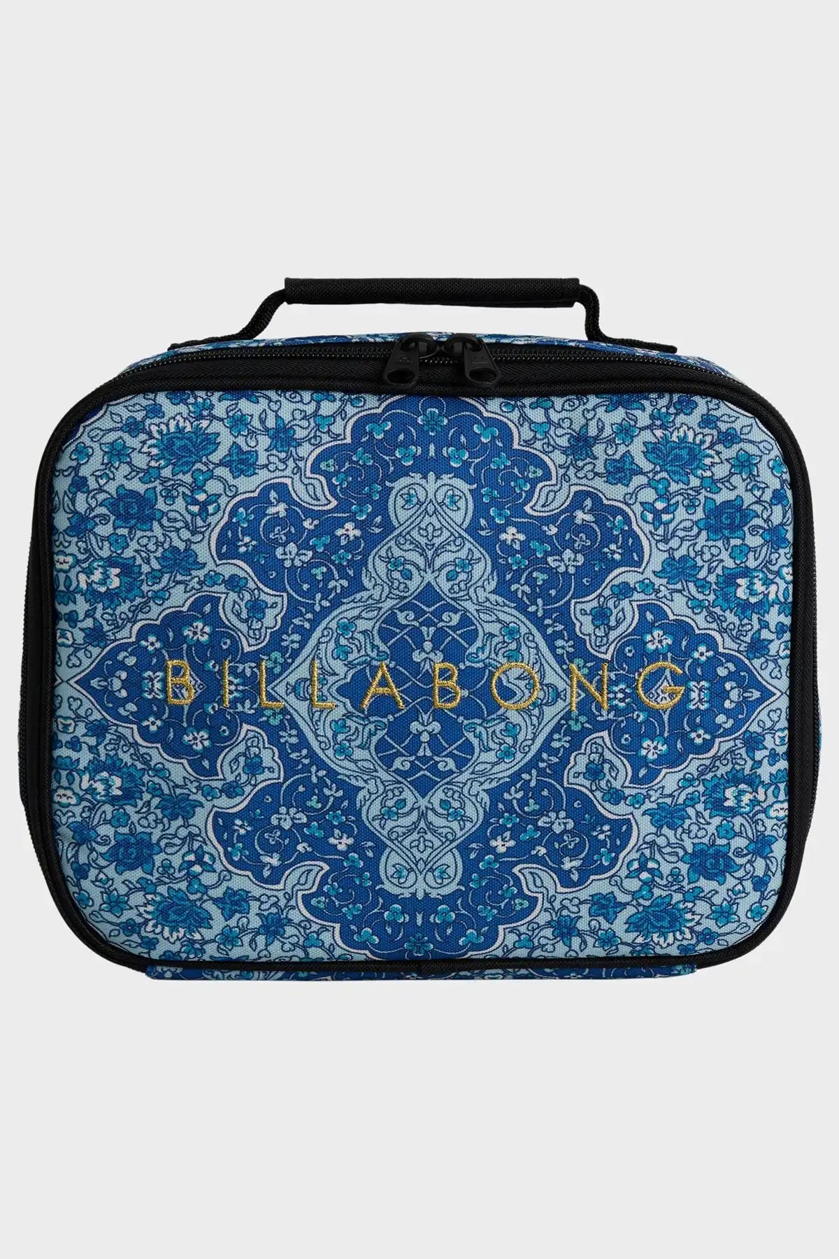 Blue patterned bag with 'Billabong' branding on a white background