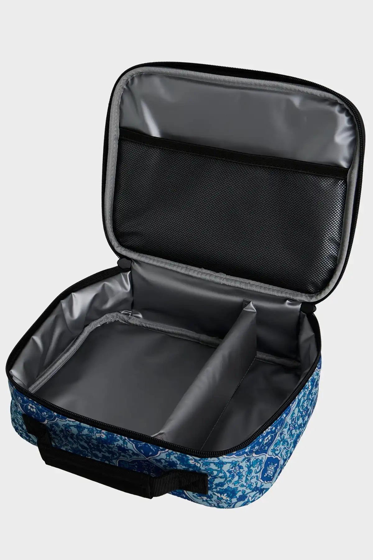 Open blue floral-patterned suitcase on a white background