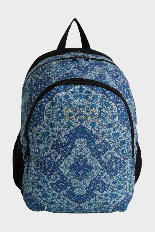 Blue patterned  Bohemia Mahi Backpack with visible branding on a white background