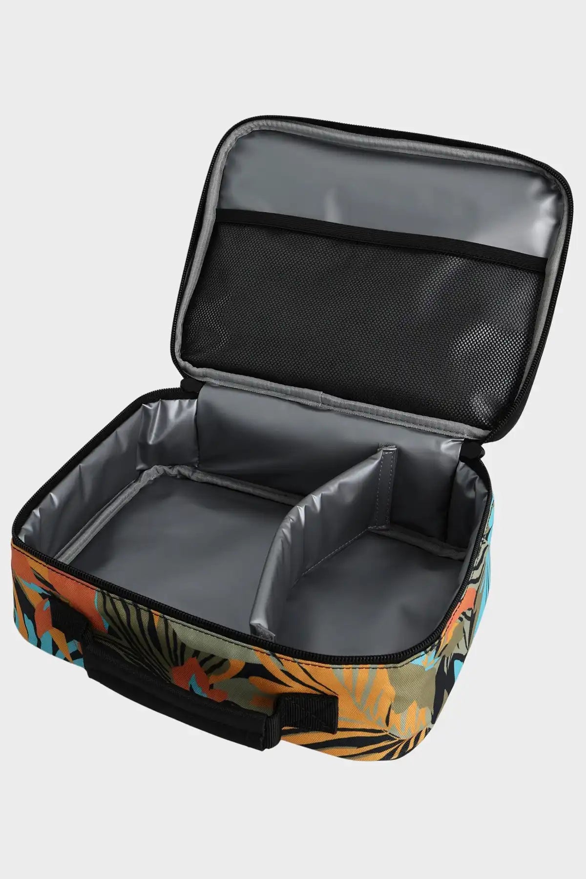 Open Billabong lunchbox with floral pattern on a white background