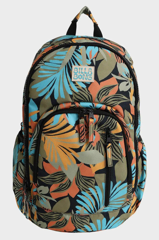 Billabong Womens Des Tropiques Roadie Backpack with tropical leaf pattern on a light gray background