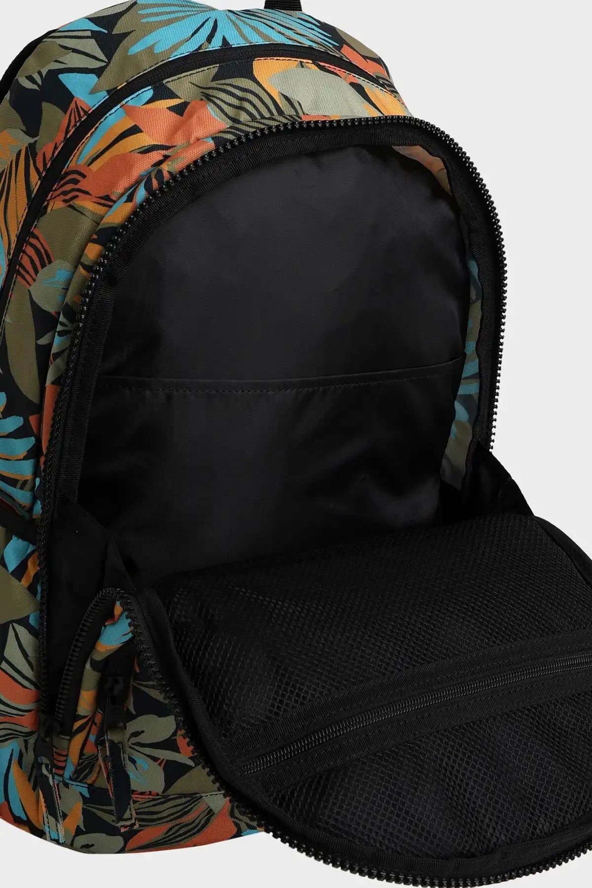 Billabong Womens Des Tropiques Roadie Backpack with a colorful floral pattern on the top section and black sides.