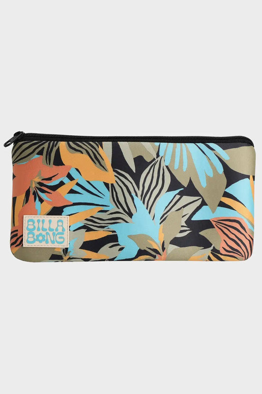 Billabong Womens Pencil case with colorful leaf pattern and Billabong logo on a white background