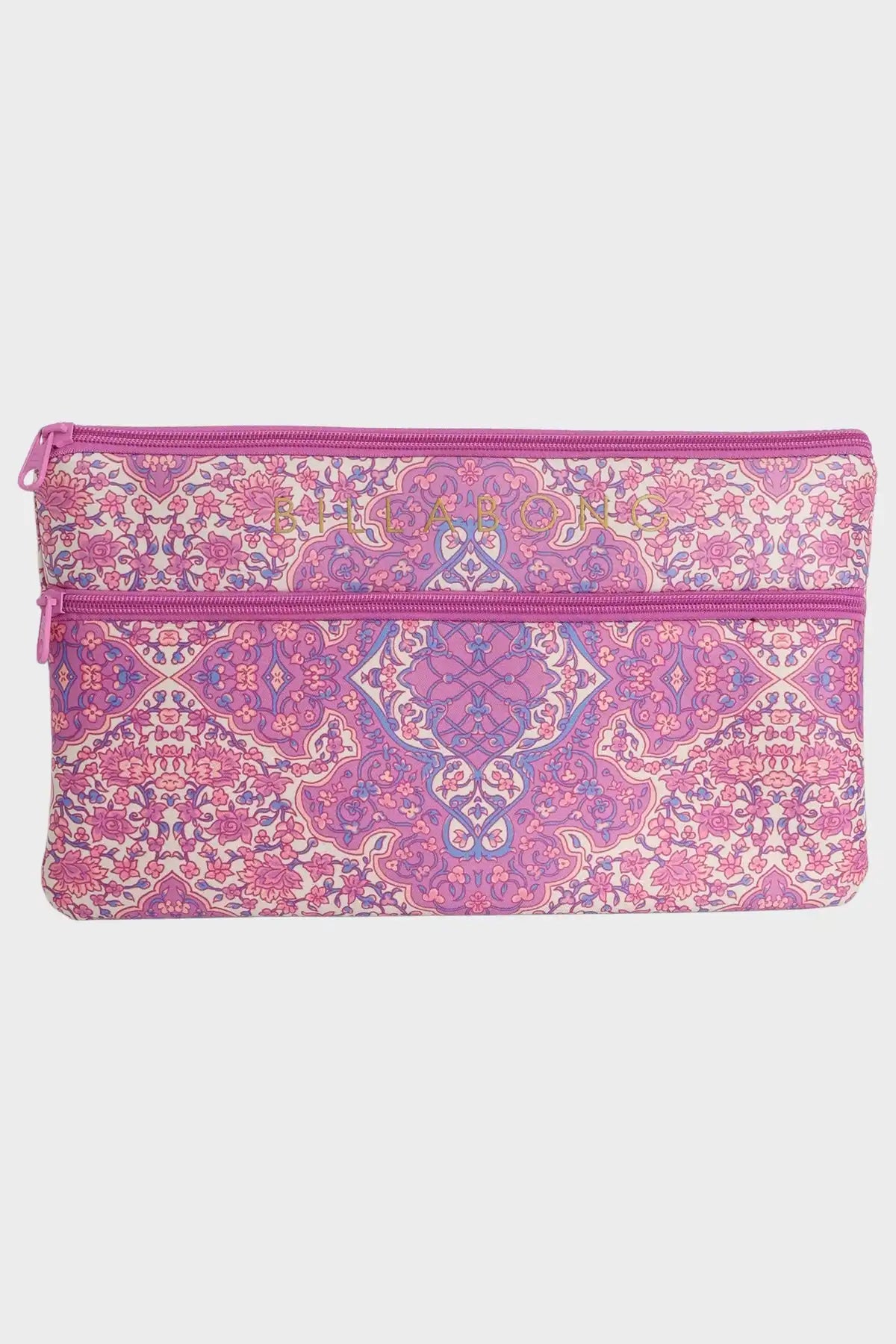 Pink Billabong patterned pencil case on a white background