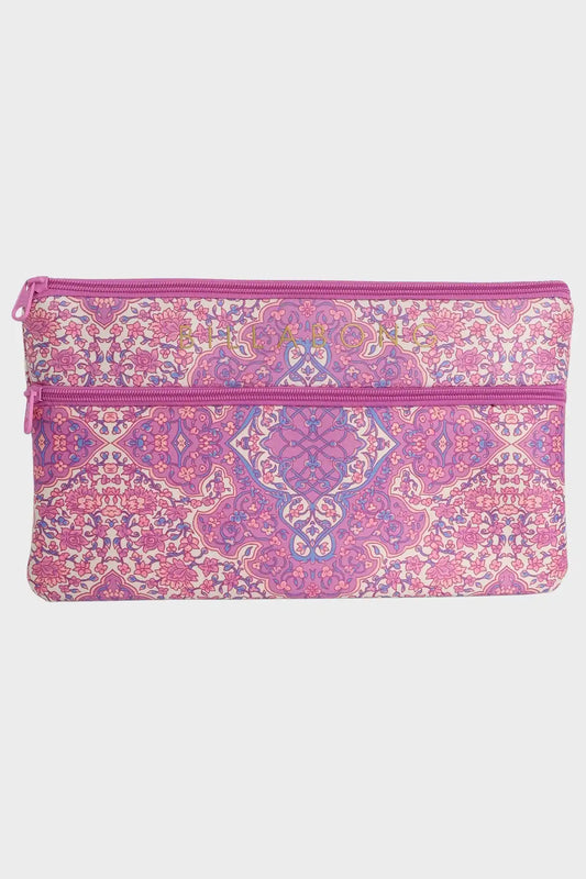 Pink Billabong patterned pencil case on a white background