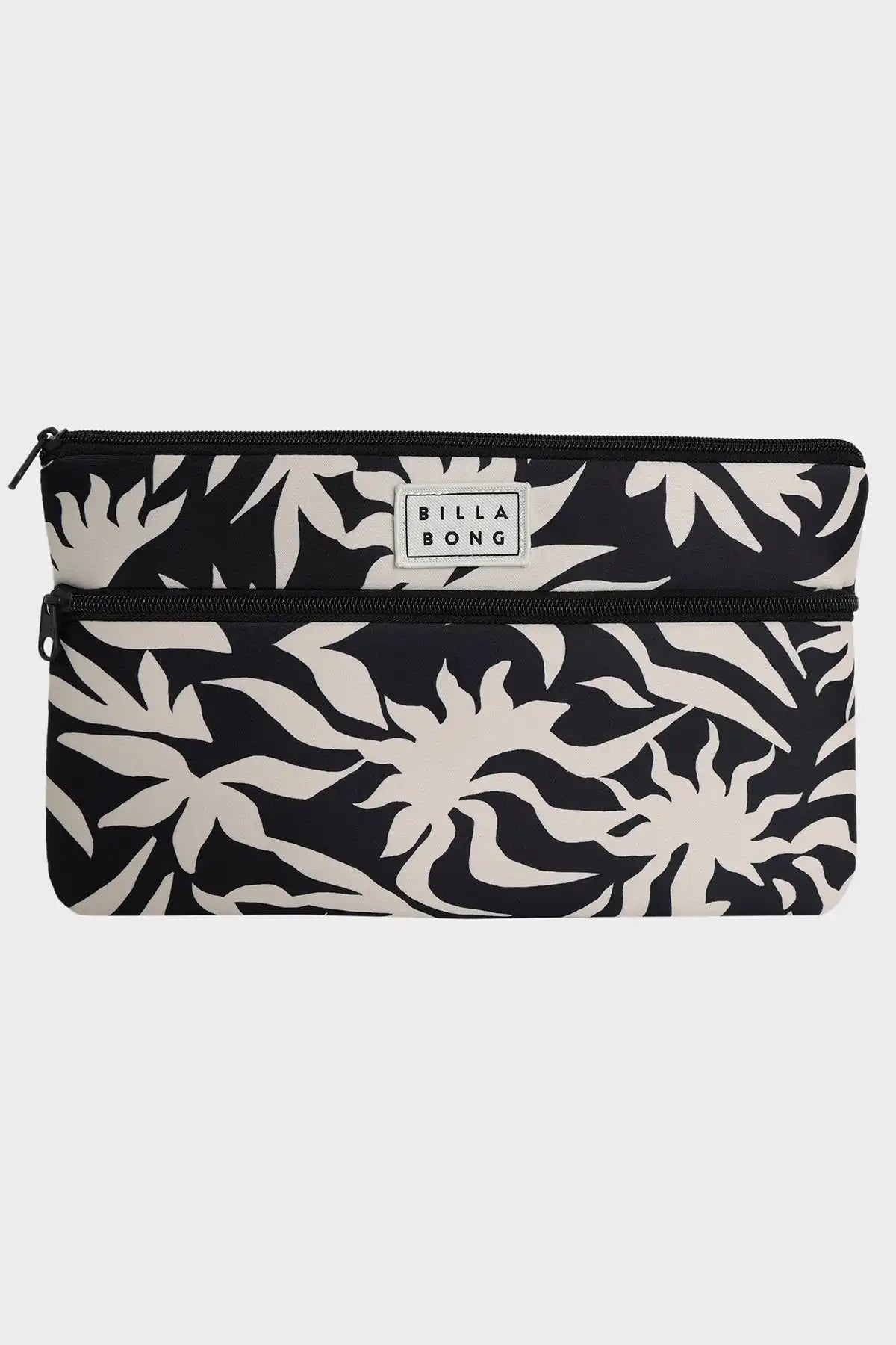Black and white Billabong patterned pouch with Billabong logo on a white background