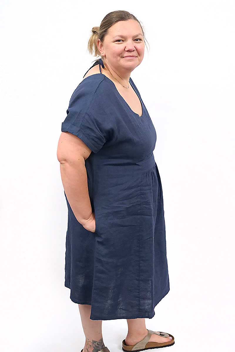 Blueberry Italia Short Linen Dress - Cut Out Back in Navy side view