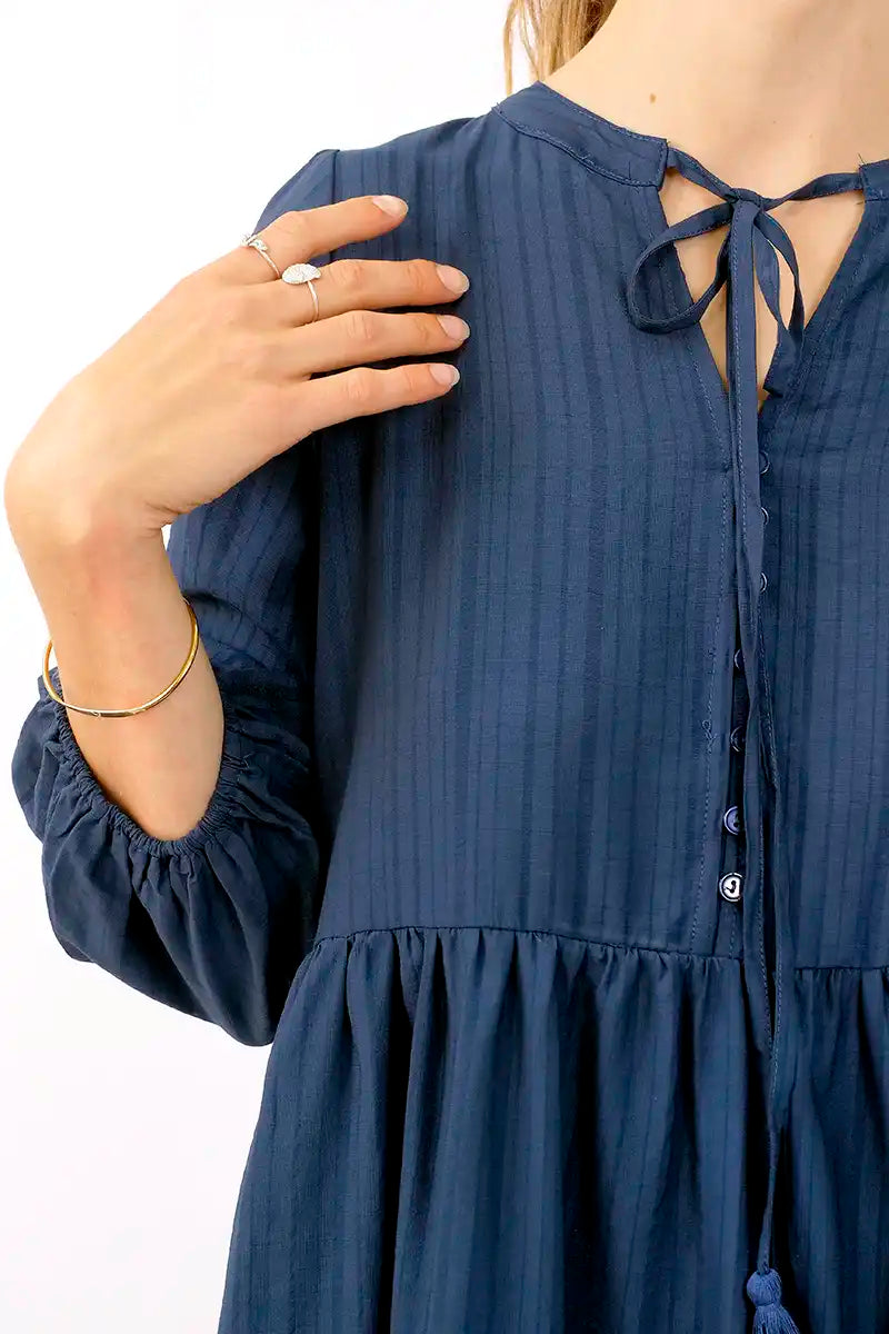 Bo Tiered Striped Dress in Dark Blue front neckline detail