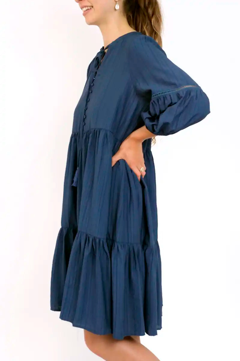 Bo Tiered Striped Dress in Dark Blue side view