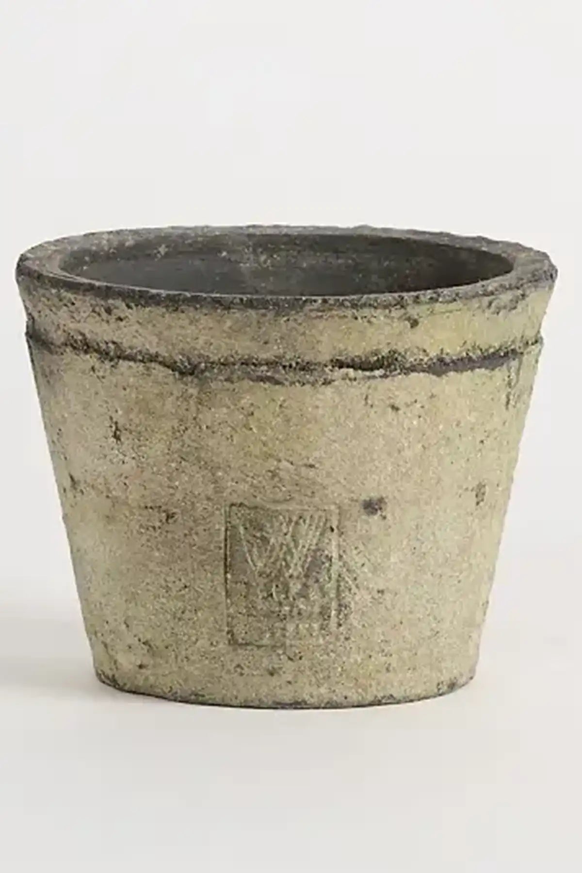 Pottery container with candle and a logo embossed in the side on a white background