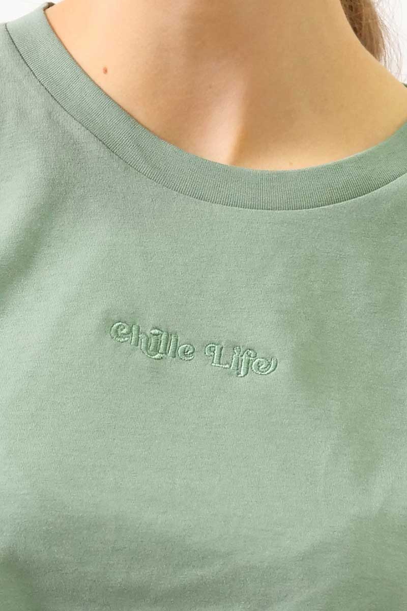 Chille Life Essential Crop Tee in Sage - close up 