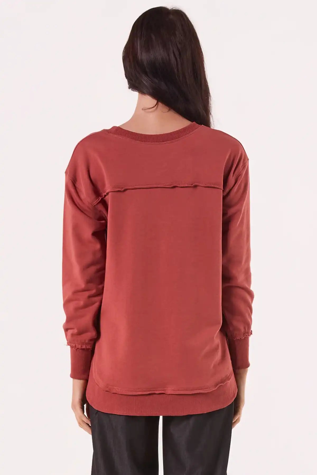 Person wearing a Chille Everyday Wander Pullover in Rust with embroidery logo on a white background back view