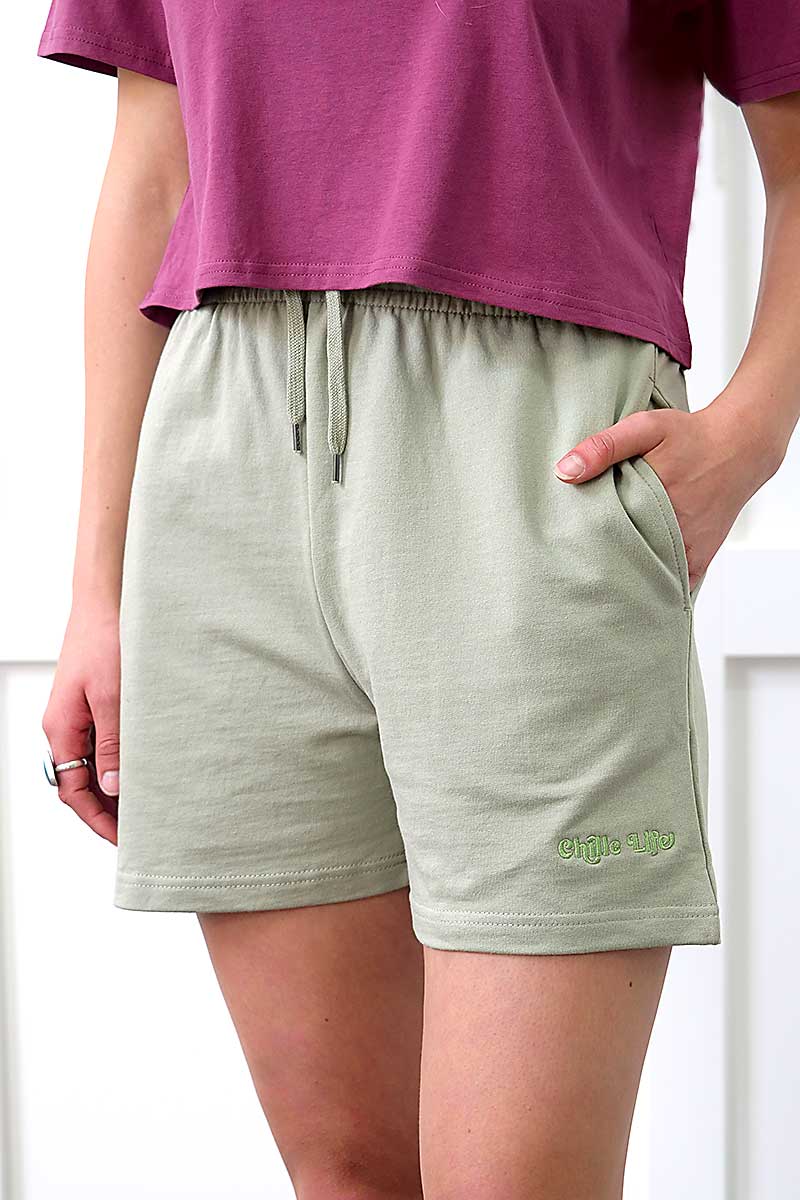 close front view of the Chille Life Essential Sweat Shorts in Sage