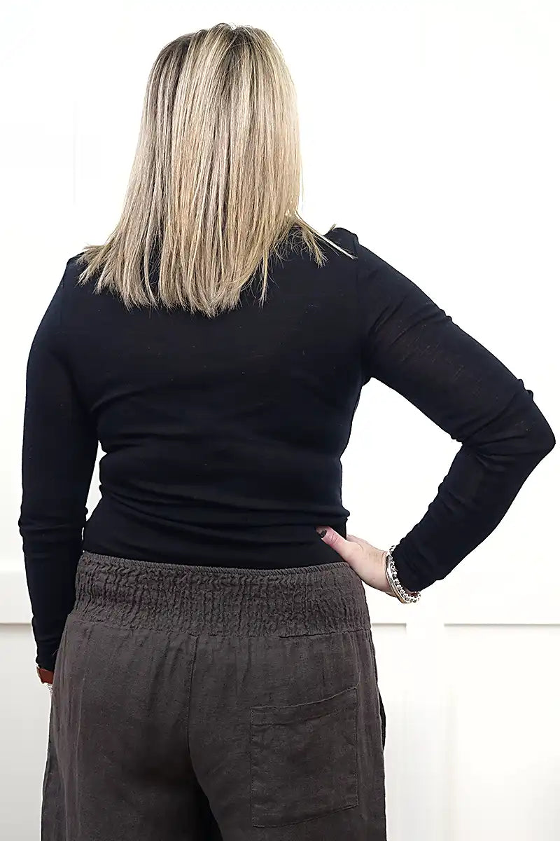 Chille Merino Whisper Top in black back view tucked in