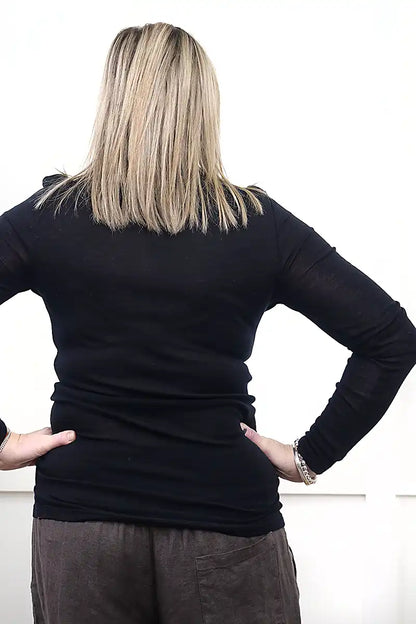 Chille Merino Whisper Top in black back view untucked