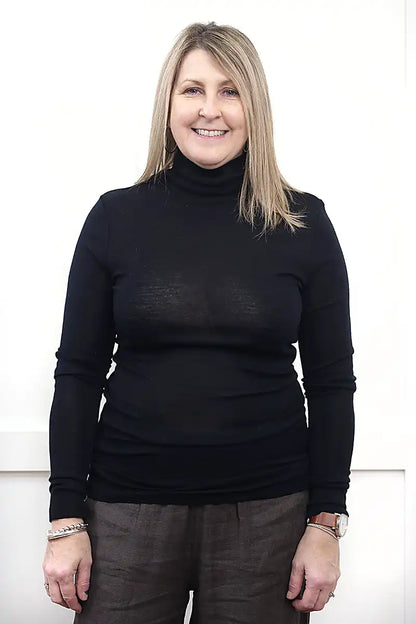 Chille Merino Whisper Top in black front view untucked