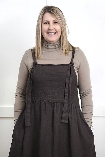 Chille Merino Whisper Top under sofia chocolate pinafore dress front view