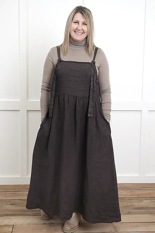 Chille Merino Whisper Top under sofia chocolate pinafore dress full model front view