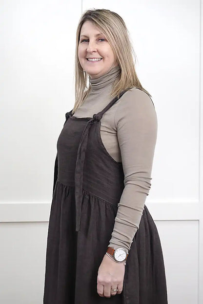 Chille Merino Whisper Top under sofia chocolate pinafore dress side view