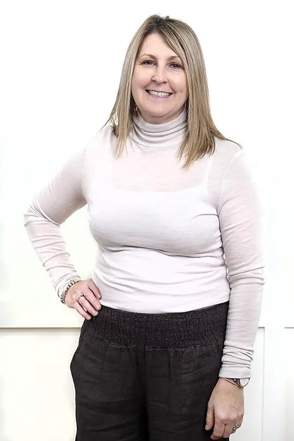 Chille Merino Whisper Top in natural front view tucked in