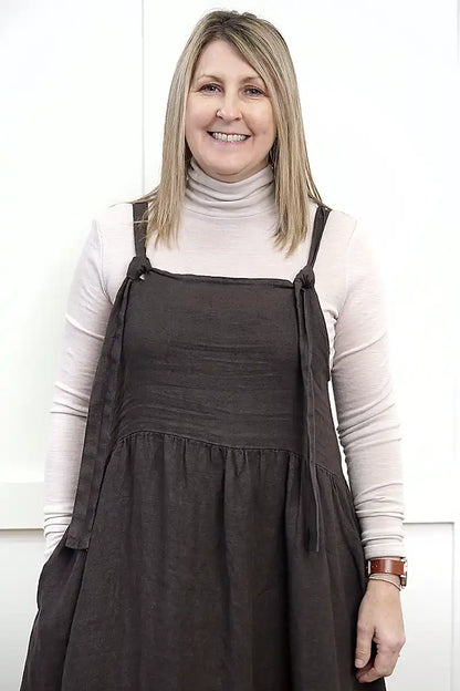 Chille Merino Whisper Top in natural under  sofia chocolate pinafore dress front view