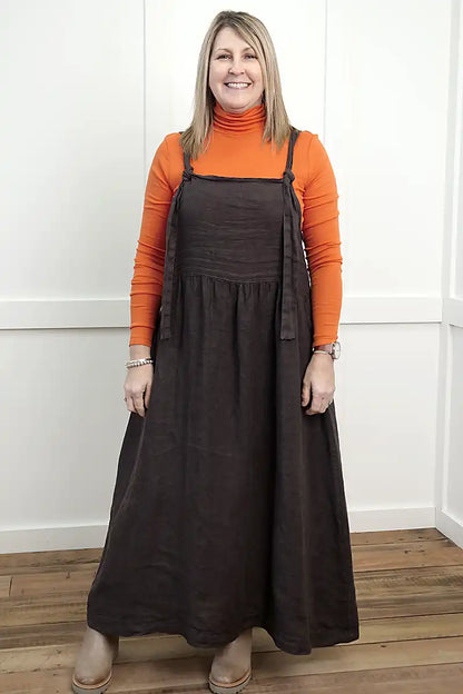 Chille Merino Whisper Top in orange under chocolate sofia pinafore dress front view