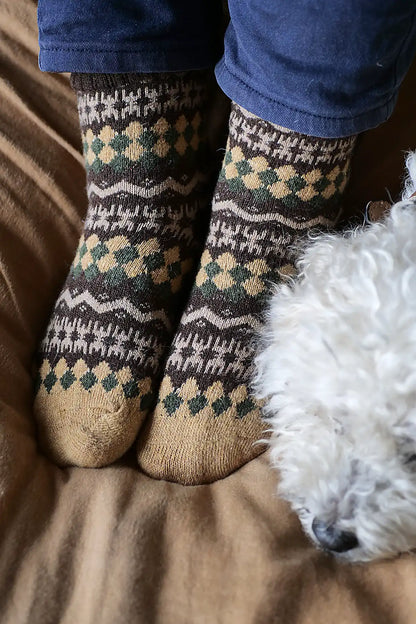 Person wearing patterned socks on a brown surface with a white dog.