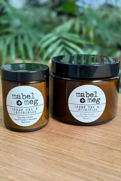 image showing both large and Classic Soy candle Green tea and Lemongrass from Mabel + Meg