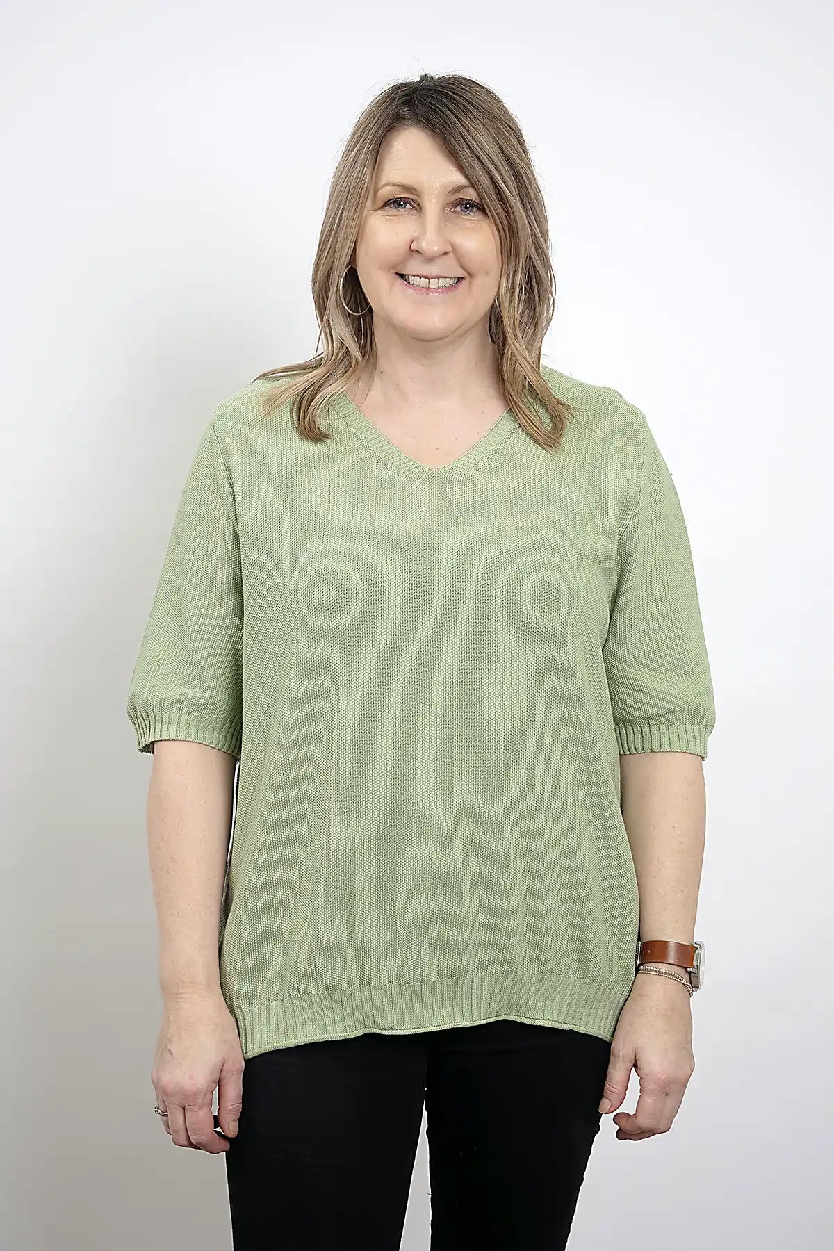 Coastal Ease Cotton Knit Tee – Sage Green front view
