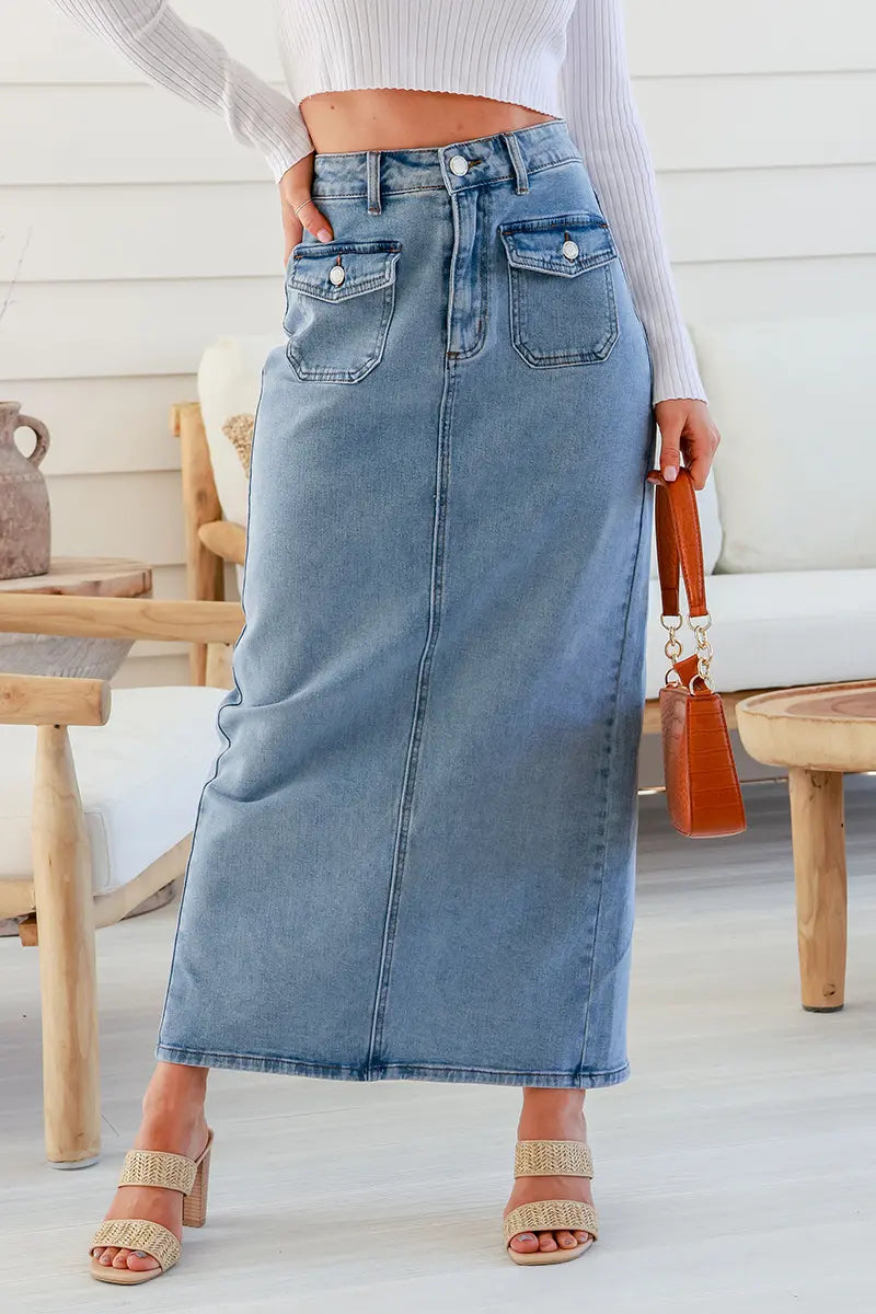 detail view of the front on Country Denim Front Pocket Stretch Maxi Skirt