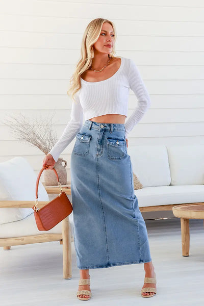 Country Denim Front Pocket Stretch Maxi Skirt