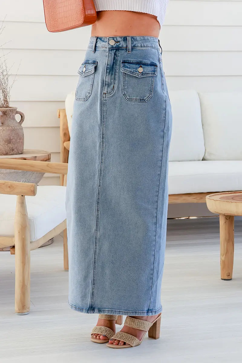 side view of the Country Denim Front Pocket Stretch Maxi Skirt